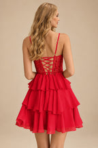 Rutipo Red A-line Beaded Corset Layered Ruffle Chiffon Mini Homecoming Dress