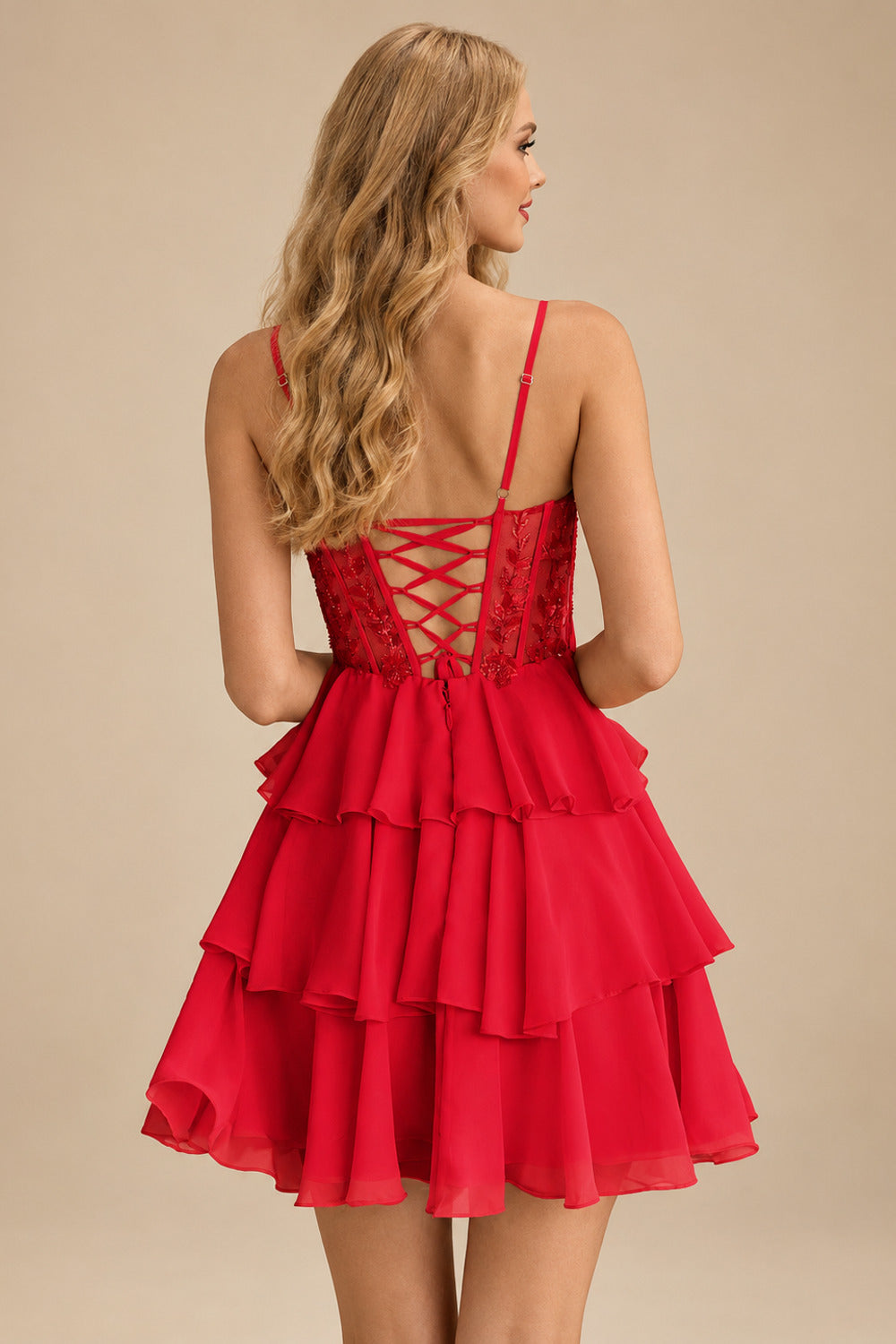 Rutipo Red A-line Beaded Corset Layered Ruffle Chiffon Mini Homecoming Dress