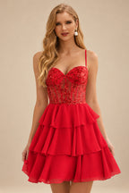 Rutipo Red A-line Beaded Corset Layered Ruffle Chiffon Mini Homecoming Dress