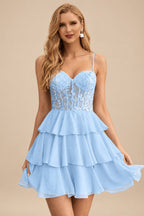 Rutipo Sky Blue A-line Beaded Corset Layered Ruffle Chiffon Mini Homecoming Dress