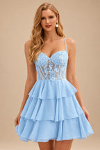 Rutipo Sky Blue A-line Beaded Corset Layered Ruffle Chiffon Mini Homecoming Dress