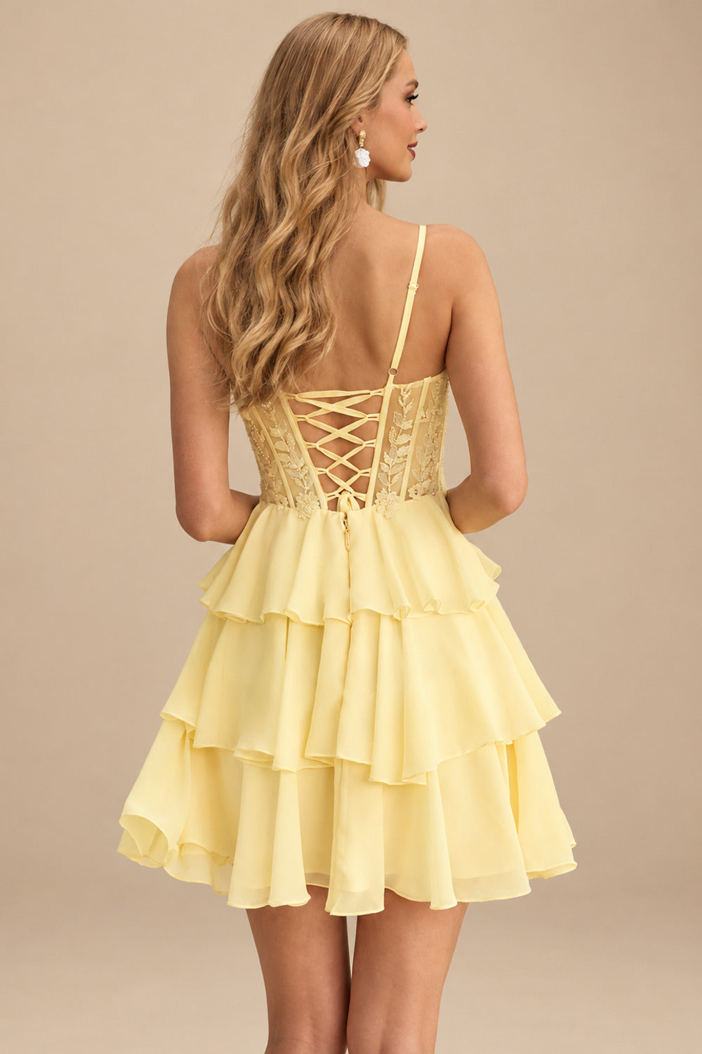 Rutipo Yellow A-line Beaded Corset Layered Ruffle Chiffon Mini Homecoming Dress