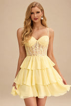 Rutipo Yellow A-line Beaded Corset Layered Ruffle Chiffon Mini Homecoming Dress