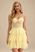 Rutipo Yellow A-line Beaded Corset Layered Ruffle Chiffon Mini Homecoming Dress