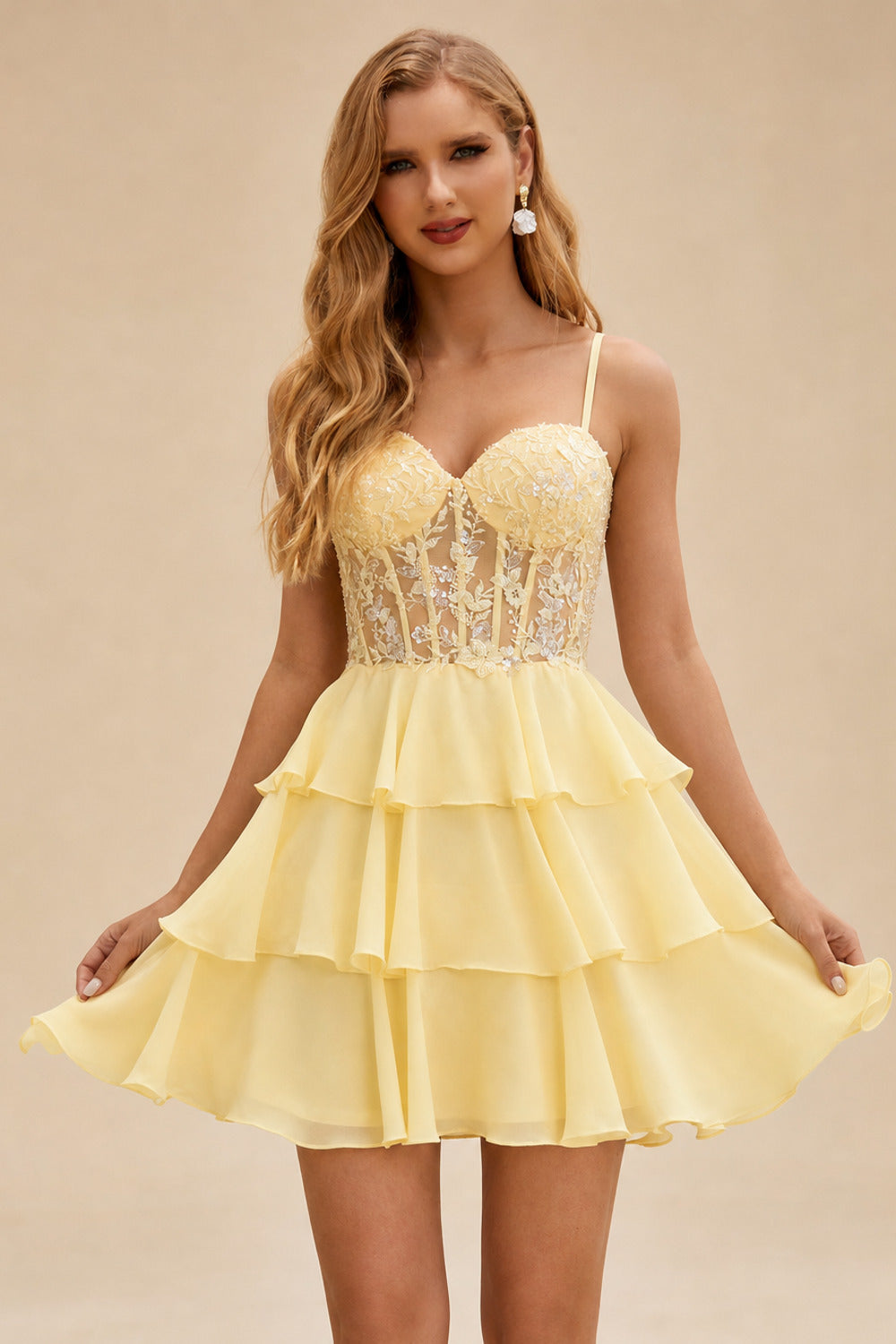 Rutipo Yellow A-line Beaded Corset Layered Ruffle Chiffon Mini Homecoming Dress