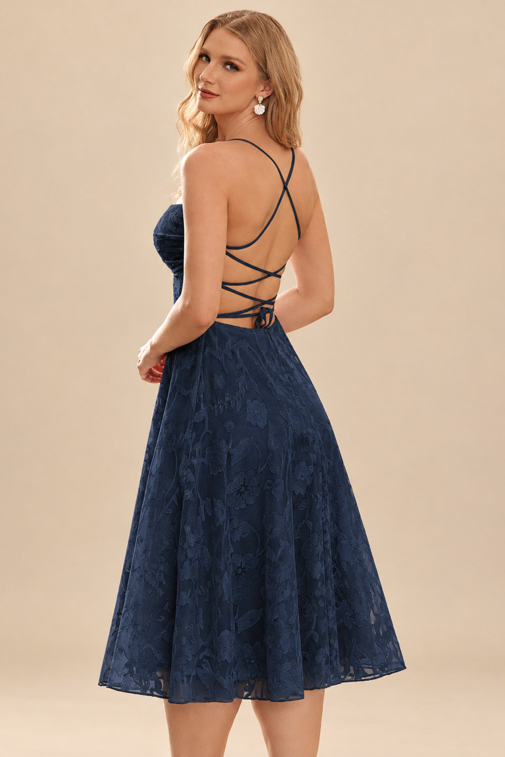 Rutipo Dark Navy A-line Square Neckline Jacquard Mini Homecoming Dress with Pleated