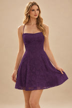 Rutipo Grape A-line Square Neckline Jacquard Mini Homecoming Dress with Pleated