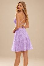 Rutipo Lilac A-line Square Neckline Jacquard Mini Homecoming Dress with Pleated
