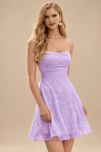 Rutipo Lilac A-line Square Neckline Jacquard Mini Homecoming Dress with Pleated