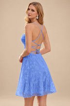 Rutipo Periwinkle A-line Square Neckline Jacquard Mini Homecoming Dress with Pleated