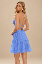 Rutipo Periwinkle A-line Square Neckline Jacquard Mini Homecoming Dress with Pleated