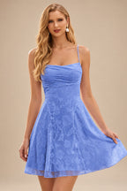 Rutipo Periwinkle A-line Square Neckline Jacquard Mini Homecoming Dress with Pleated