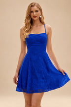 Rutipo Royal Blue A-line Square Neckline Jacquard Mini Homecoming Dress with Pleated