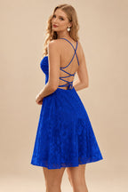 Rutipo Royal Blue A-line Square Neckline Jacquard Mini Homecoming Dress with Pleated
