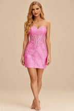 Rutipo Azalea Sheath Strapless Ruched Corset Floral Lace Mini Homecoming Dress