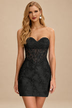 Rutipo Black Sheath Strapless Ruched Corset Floral Lace Mini Homecoming Dress