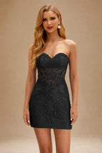 Rutipo Black Sheath Strapless Ruched Corset Floral Lace Mini Homecoming Dress