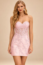 Rutipo Blushing Pink Sheath Strapless Ruched Corset Floral Lace Mini Homecoming Dress