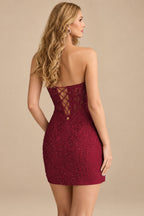 Rutipo Burgundy Sheath Strapless Ruched Corset Floral Lace Mini Homecoming Dress