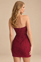 Rutipo Burgundy Sheath Strapless Ruched Corset Floral Lace Mini Homecoming Dress