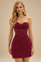 Rutipo Burgundy Sheath Strapless Ruched Corset Floral Lace Mini Homecoming Dress