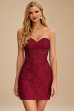 Rutipo Burgundy Sheath Strapless Ruched Corset Floral Lace Mini Homecoming Dress
