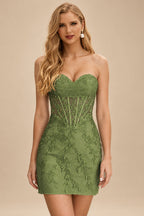 Rutipo Celadon Sheath Strapless Ruched Corset Floral Lace Mini Homecoming Dress