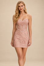 Rutipo Dusty Pink Sheath Strapless Ruched Corset Floral Lace Mini Homecoming Dress