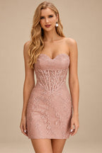 Rutipo Dusty Pink Sheath Strapless Ruched Corset Floral Lace Mini Homecoming Dress