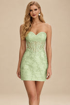 Rutipo Dusty Sage Sheath Strapless Ruched Corset Floral Lace Mini Homecoming Dress