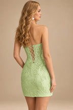 Rutipo Dusty Sage Sheath Strapless Ruched Corset Floral Lace Mini Homecoming Dress