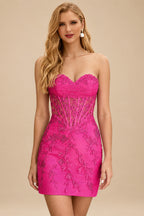 Rutipo Fuchsia Sheath Strapless Ruched Corset Floral Lace Mini Homecoming Dress