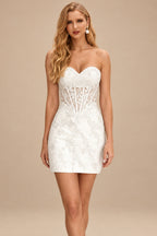 Rutipo Ivory Sheath Strapless Ruched Corset Floral Lace Mini Homecoming Dress