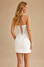 Rutipo Ivory Sheath Strapless Ruched Corset Floral Lace Mini Homecoming Dress