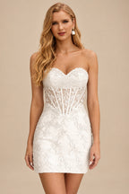 Rutipo Ivory Sheath Strapless Ruched Corset Floral Lace Mini Homecoming Dress