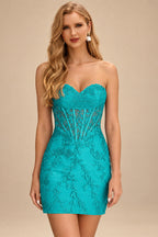 Rutipo Jade Sheath Strapless Ruched Corset Floral Lace Mini Homecoming Dress