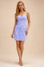 Rutipo Lavender Sheath Strapless Ruched Corset Floral Lace Mini Homecoming Dress