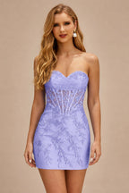Rutipo Lavender Sheath Strapless Ruched Corset Floral Lace Mini Homecoming Dress