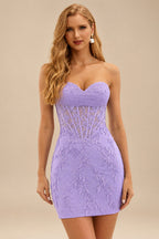 Rutipo Lilac Sheath Strapless Ruched Corset Floral Lace Mini Homecoming Dress