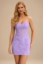 Rutipo Lilac Sheath Strapless Ruched Corset Floral Lace Mini Homecoming Dress