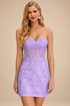 Rutipo Lilac Sheath Strapless Ruched Corset Floral Lace Mini Homecoming Dress