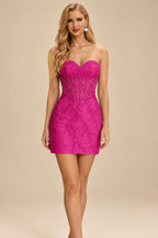 Rutipo Magenta Sheath Strapless Ruched Corset Floral Lace Mini Homecoming Dress