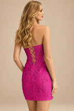 Rutipo Magenta Sheath Strapless Ruched Corset Floral Lace Mini Homecoming Dress