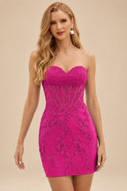 Rutipo Magenta Sheath Strapless Ruched Corset Floral Lace Mini Homecoming Dress