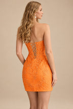 Rutipo Orange Sheath Strapless Ruched Corset Floral Lace Mini Homecoming Dress
