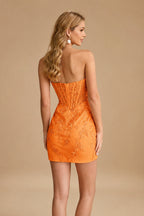 Rutipo Orange Sheath Strapless Ruched Corset Floral Lace Mini Homecoming Dress