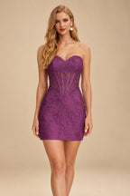 Rutipo Orchid Sheath Strapless Ruched Corset Floral Lace Mini Homecoming Dress