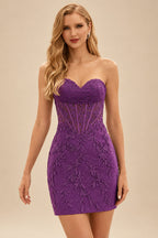 Rutipo Orchid Sheath Strapless Ruched Corset Floral Lace Mini Homecoming Dress