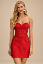 Rutipo Red Sheath Strapless Ruched Corset Floral Lace Mini Homecoming Dress