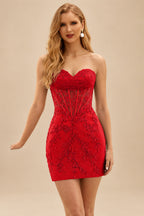 Rutipo Red Sheath Strapless Ruched Corset Floral Lace Mini Homecoming Dress